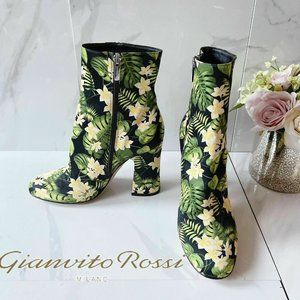 GIANVITO ROSSI Yellow Green Floral Bootie Black